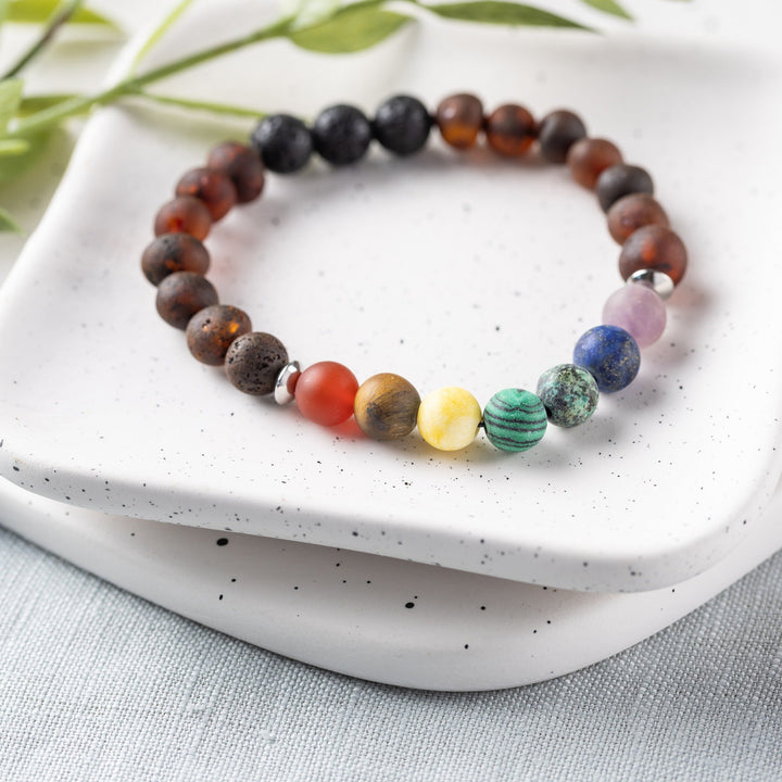 Adults | Rainbow Chakra + Raw Cherry Aromatherapy Bracelet - R.B. Amber Jewelry