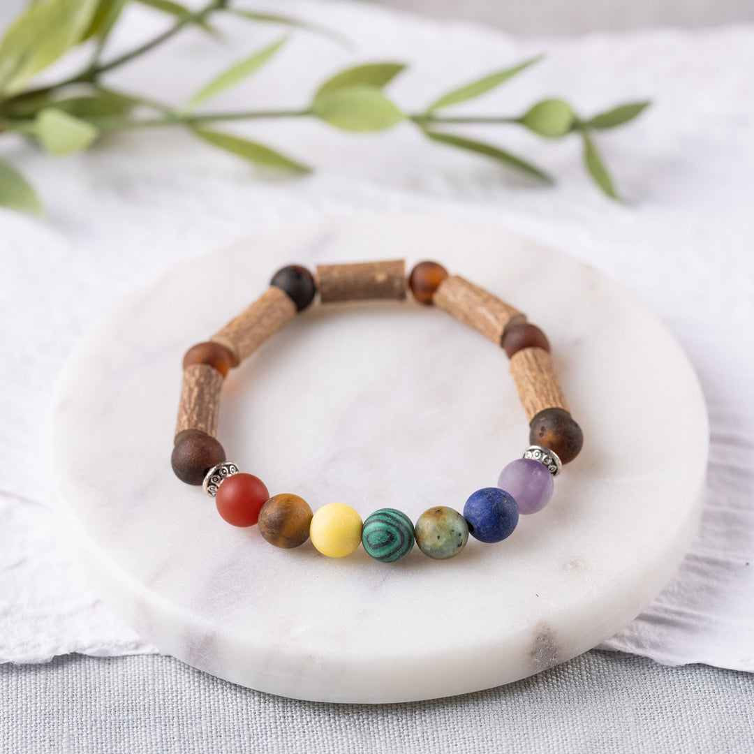 Adults | Rainbow Chakra + Raw Cherry Amber Hazelwood Bracelet - R.B. Amber Jewelry