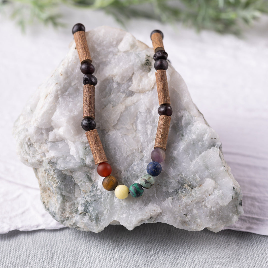 Adults | Rainbow Chakra + Raw Cherry Amber Hazelwood Necklace - R.B. Amber Jewelry
