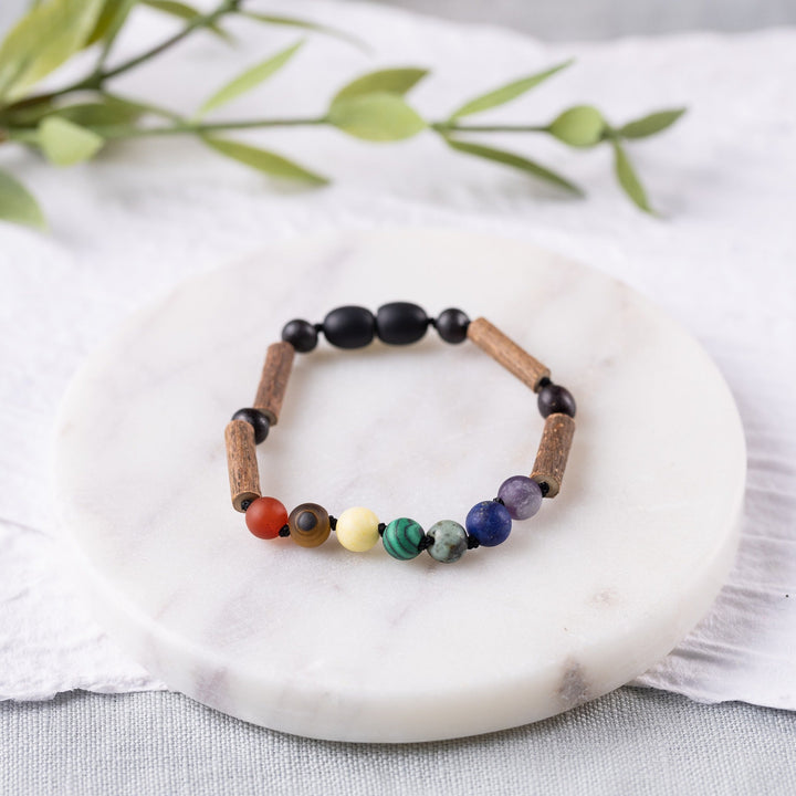 Kids | Rainbow Chakra + Raw Cherry Amber Hazelwood Bracelet - R.B. Amber Jewelry