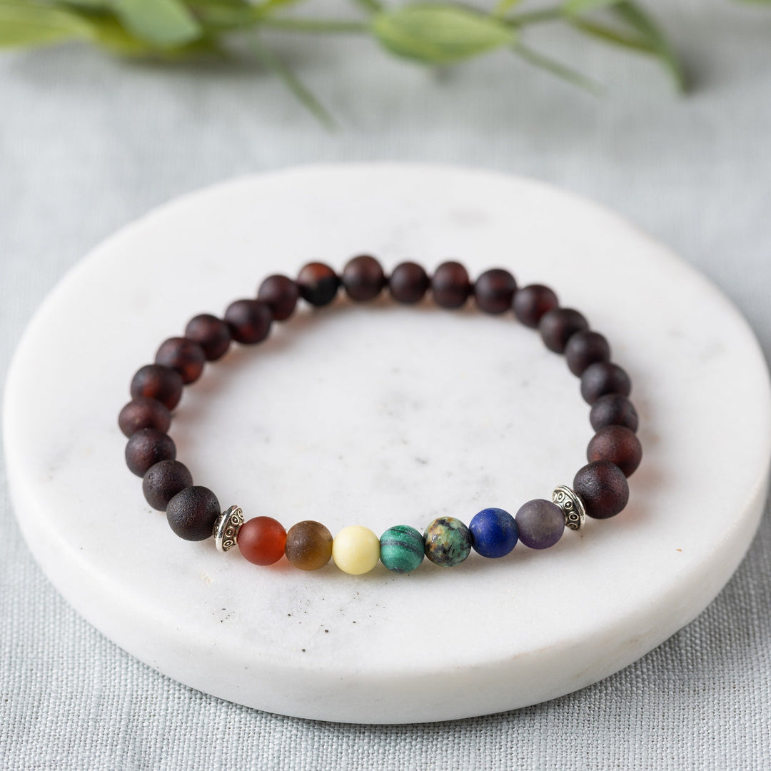 Adults | Rainbow Chakra + Raw Cherry Amber Bracelet - R.B. Amber Jewelry