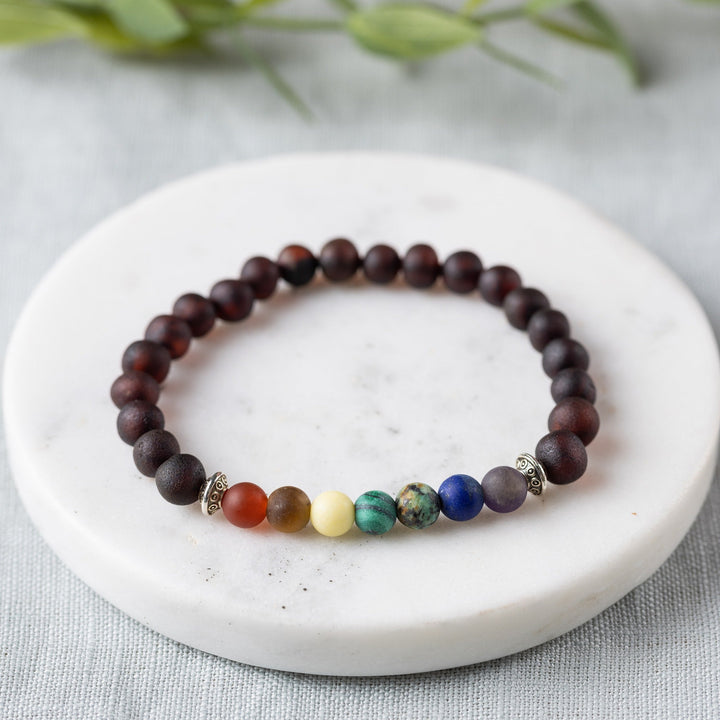 Adults | Rainbow Chakra + Raw Cherry Amber Bracelet - R.B. Amber Jewelry