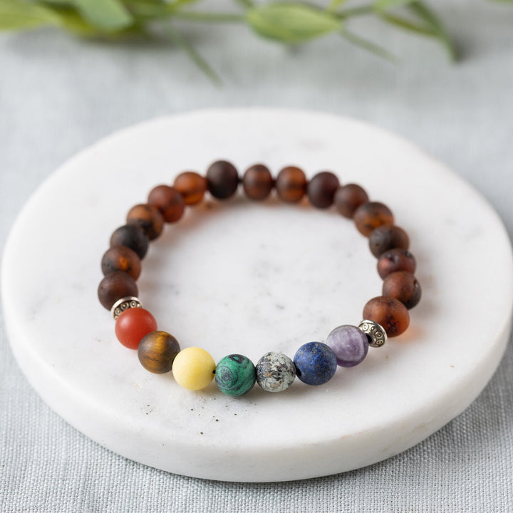 Adults | Rainbow Chakra + Raw Cherry Amber Bracelet - R.B. Amber Jewelry