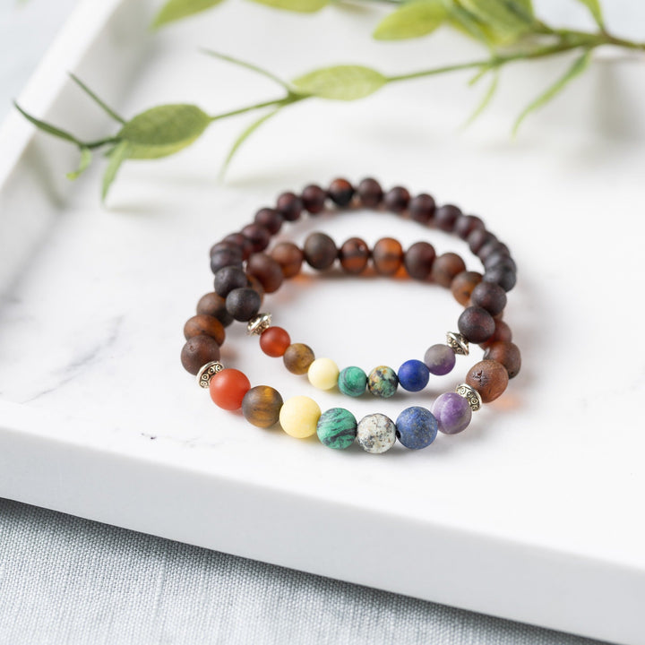 Adults | Rainbow Chakra + Raw Cherry Amber Bracelet - R.B. Amber Jewelry