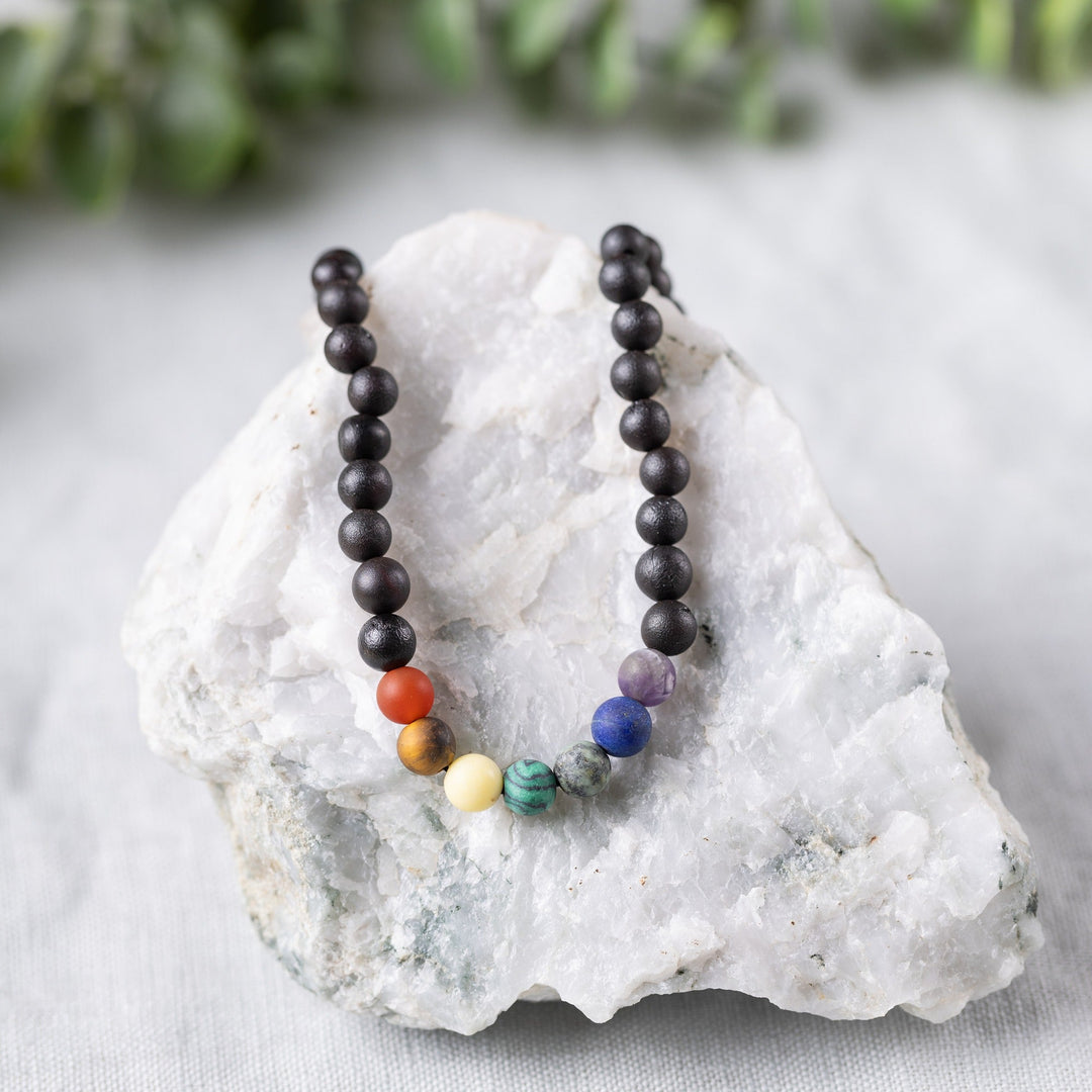 Adults | Rainbow Chakra + Raw Cherry Amber Necklace - R.B. Amber Jewelry