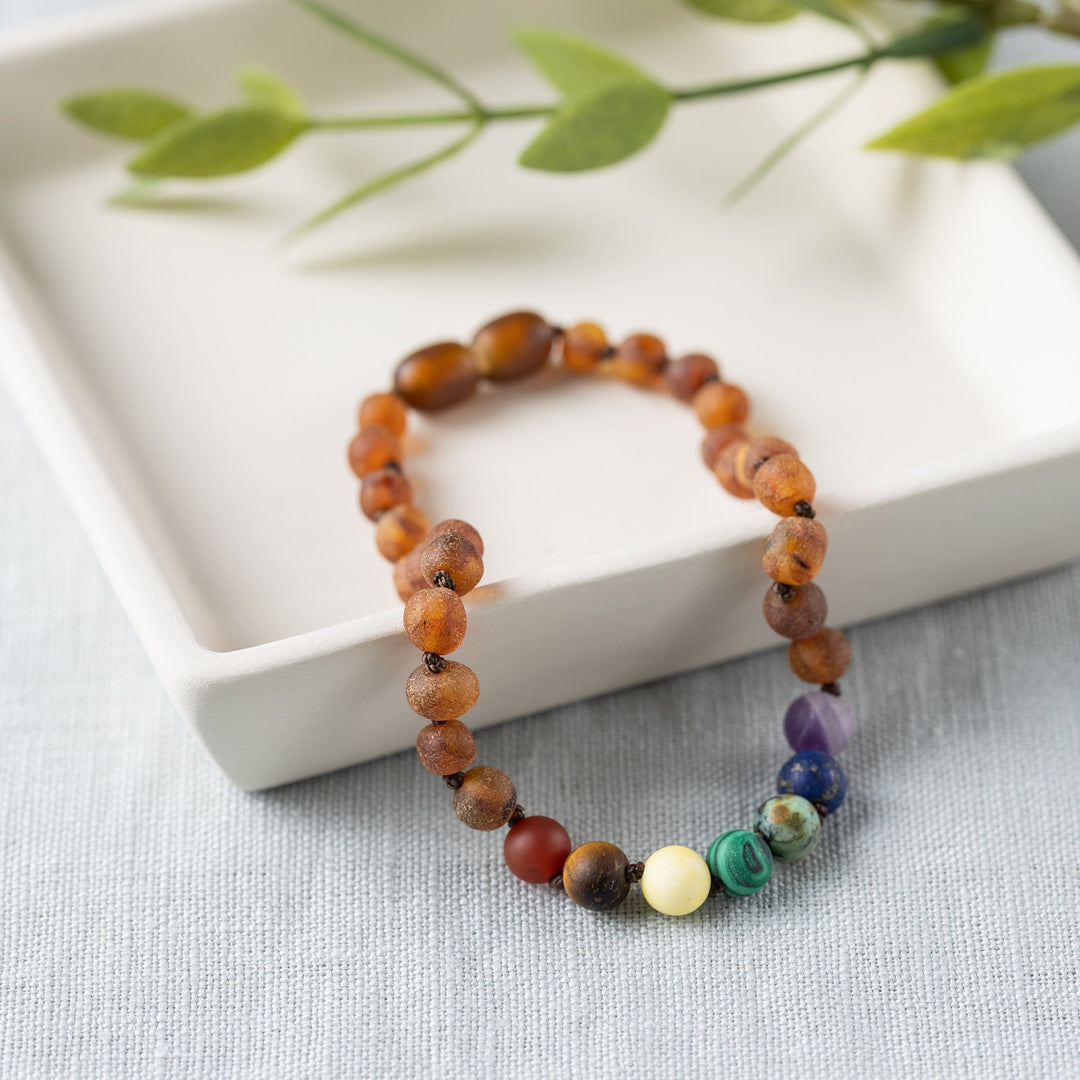 Adults | Rainbow Chakra + Raw Cognac Amber Anklet - R.B. Amber Jewelry