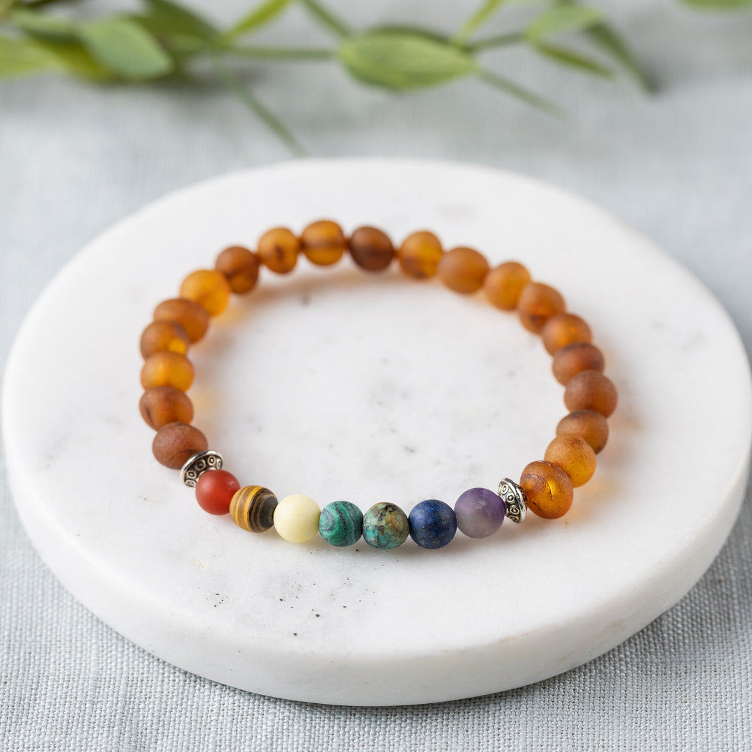 Adults | Rainbow Chakra + Raw Cognac Amber Bracelet - R.B. Amber Jewelry
