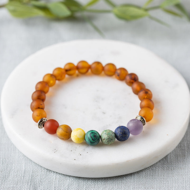 Adults | Rainbow Chakra + Raw Cognac Amber Bracelet - R.B. Amber Jewelry