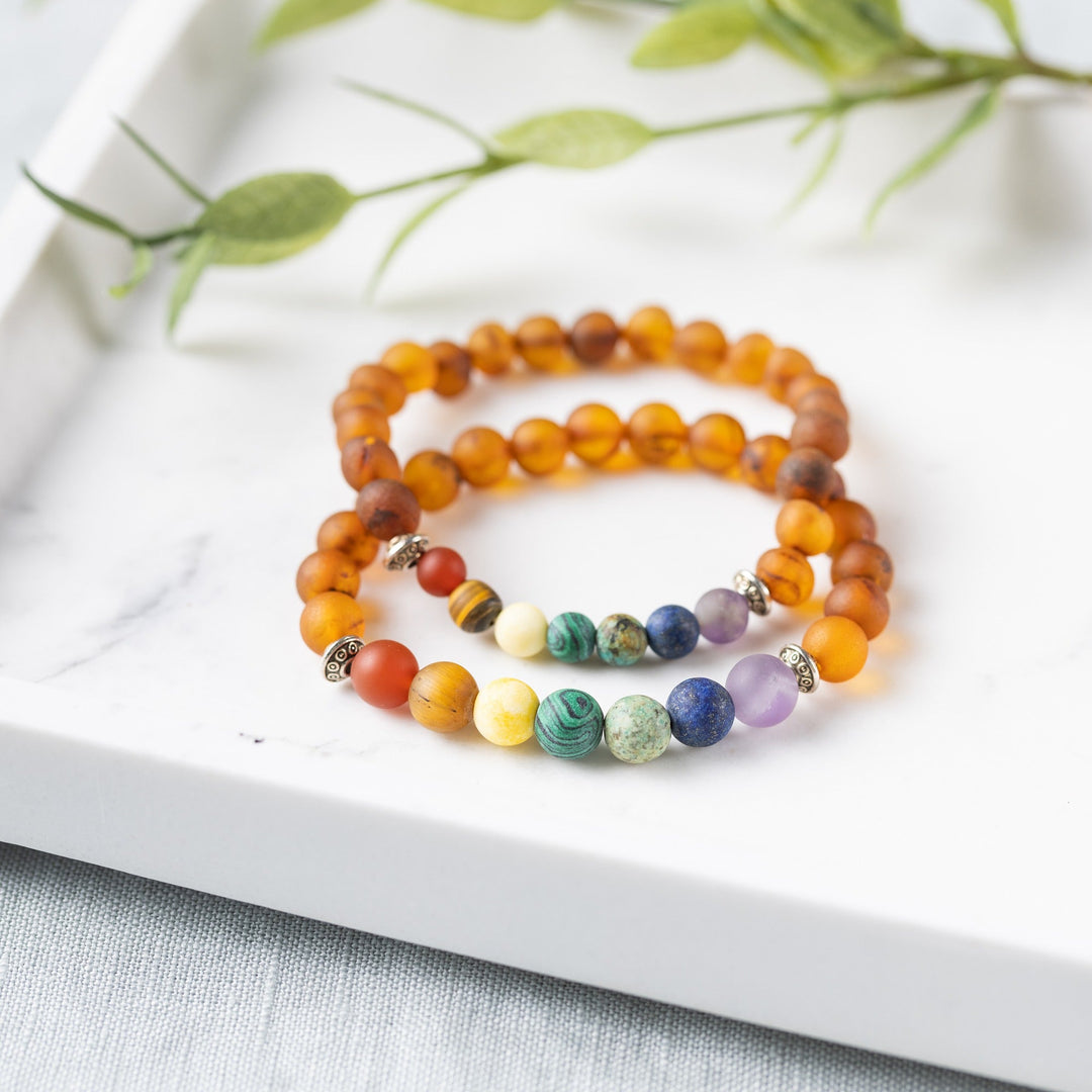Adults | Rainbow Chakra + Raw Cognac Amber Bracelet - R.B. Amber Jewelry