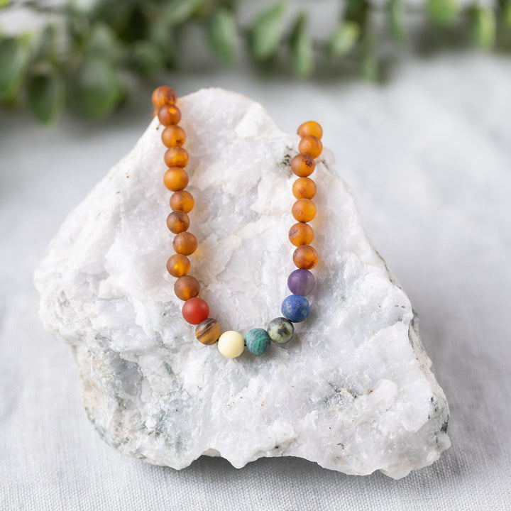 Adults | Rainbow Chakra + Raw Cognac Amber Necklace - R.B. Amber Jewelry