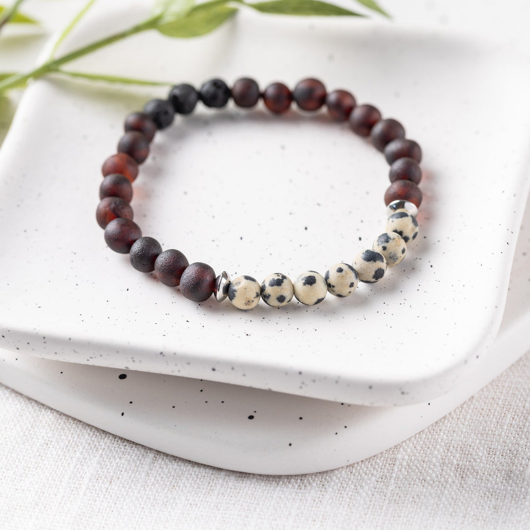 Adults | Dalmatian Jasper + Raw Cherry Aromatherapy Bracelet - R.B. Amber Jewelry