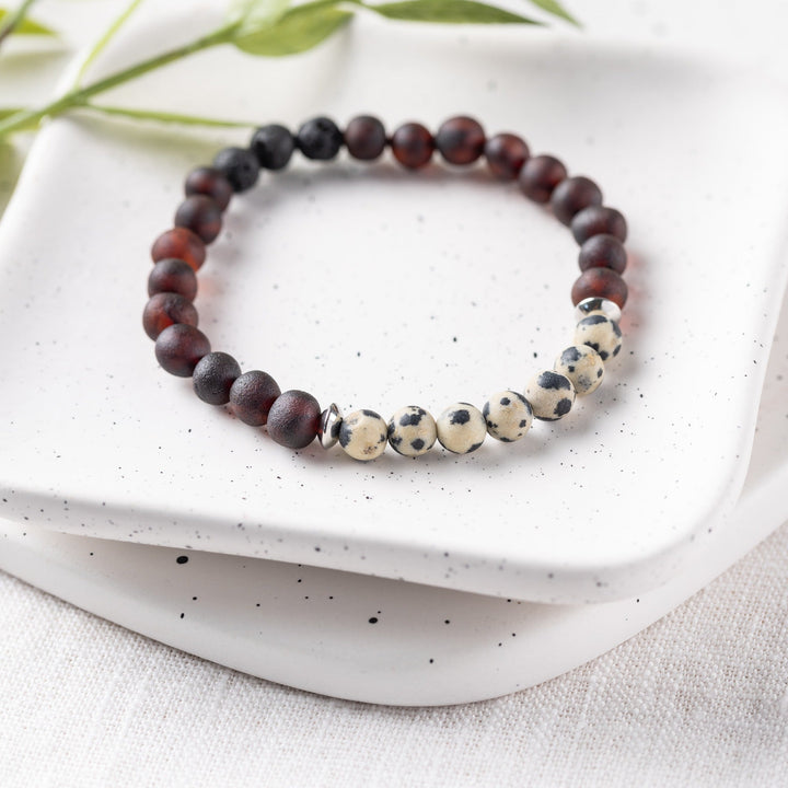 Adults | Dalmatian Jasper + Raw Cherry Aromatherapy Bracelet - R.B. Amber Jewelry
