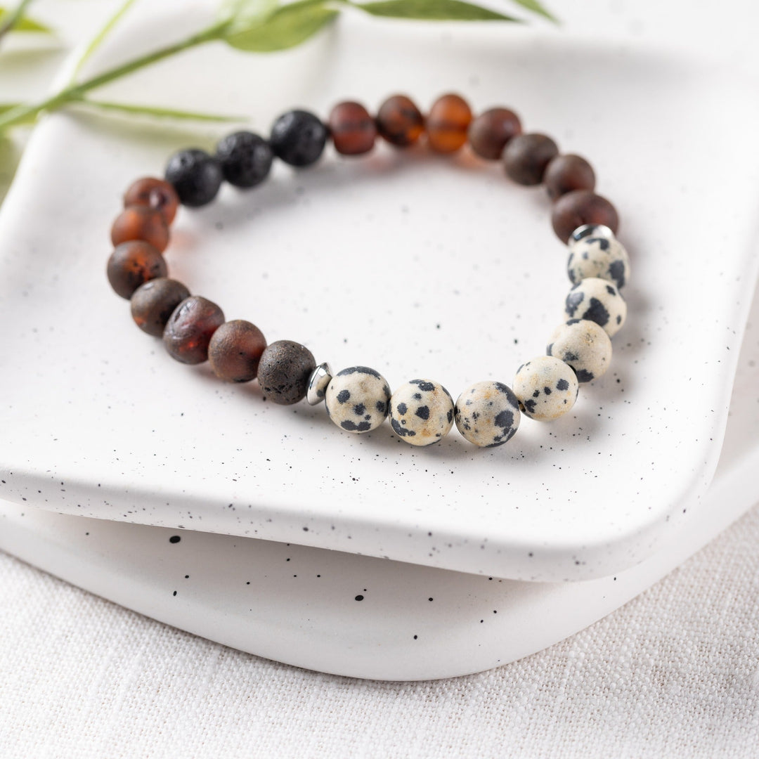 Adults | Dalmatian Jasper + Raw Cherry Aromatherapy Bracelet - R.B. Amber Jewelry