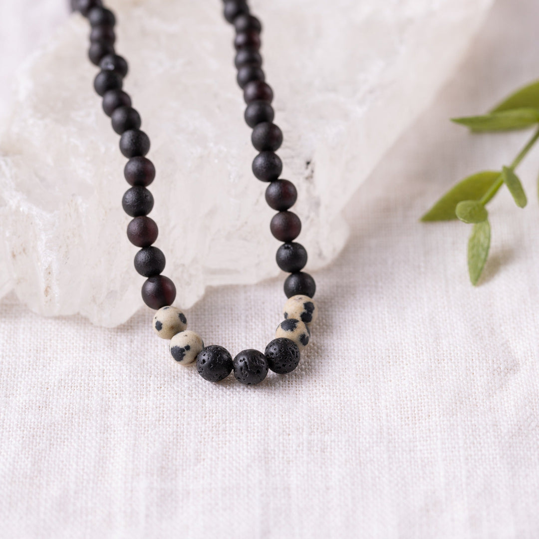 Adults | Dalmatian Jasper + Raw Cherry Aromatherapy Necklace - R.B. Amber Jewelry