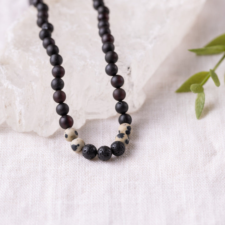 Adults | Dalmatian Jasper + Raw Cherry Aromatherapy Necklace - R.B. Amber Jewelry