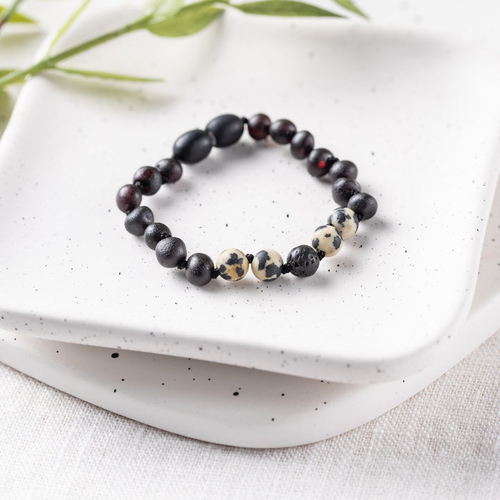 Kids | Dalmatian Jasper + Raw Cherry Aromatherapy Bracelet - R.B. Amber Jewelry