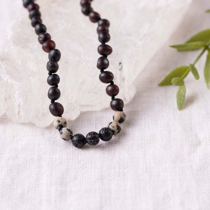 Kids | Dalmatian Jasper + Raw Cherry Aromatherapy Necklace - R.B. Amber Jewelry