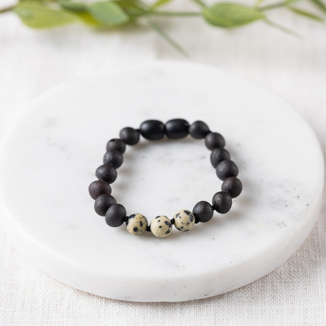 Kids | Dalmatian Jasper + Raw Cherry Amber Bracelet - R.B. Amber Jewelry