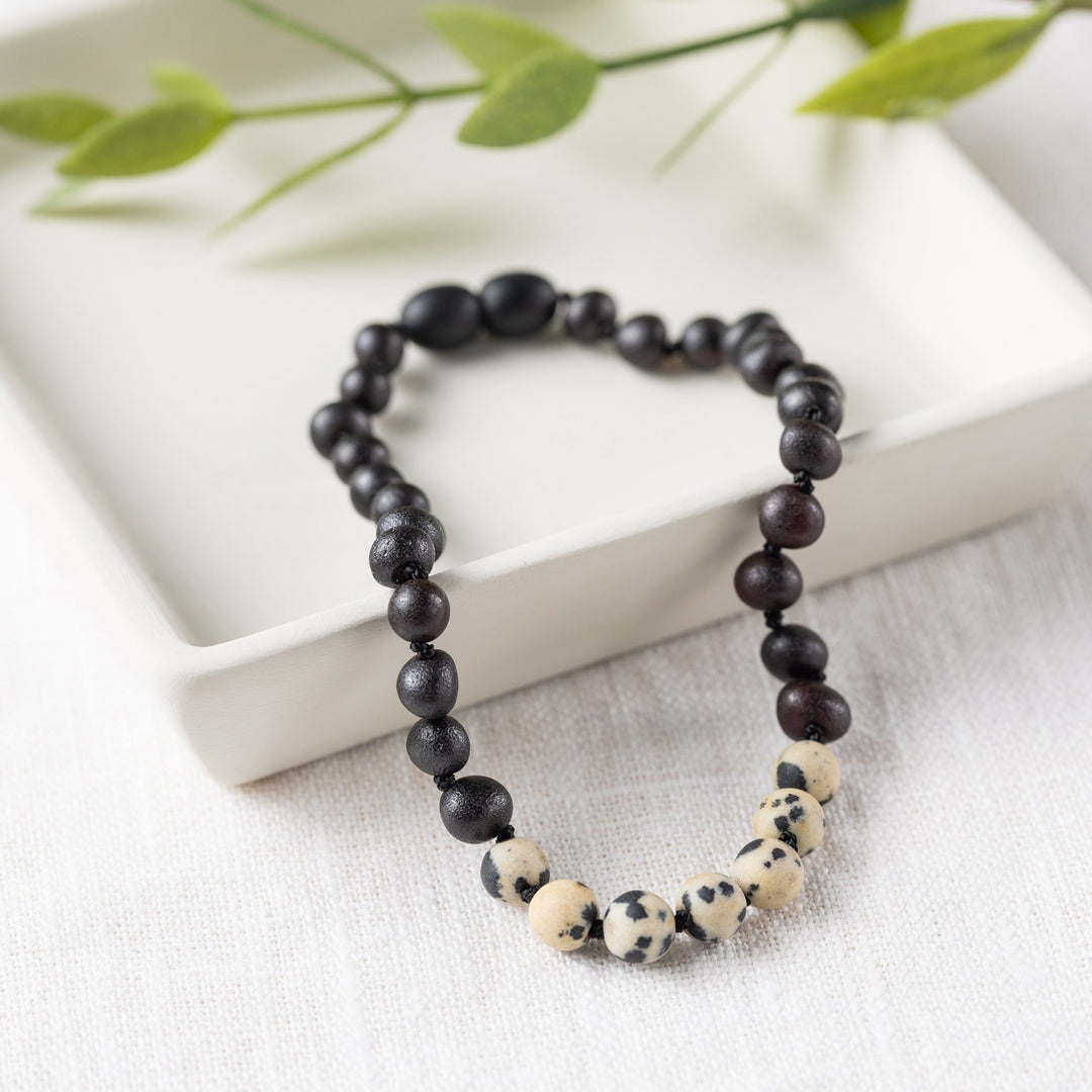 Adults | Dalmatian Jasper + Raw Cherry Amber Anklet - R.B. Amber Jewelry