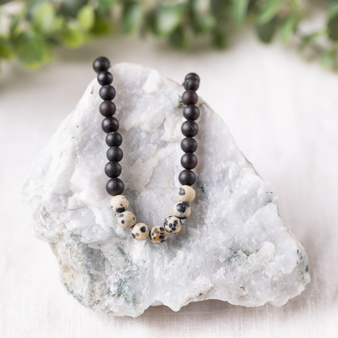 Adults | Dalmatian Jasper + Raw Cherry Amber Necklace - R.B. Amber Jewelry
