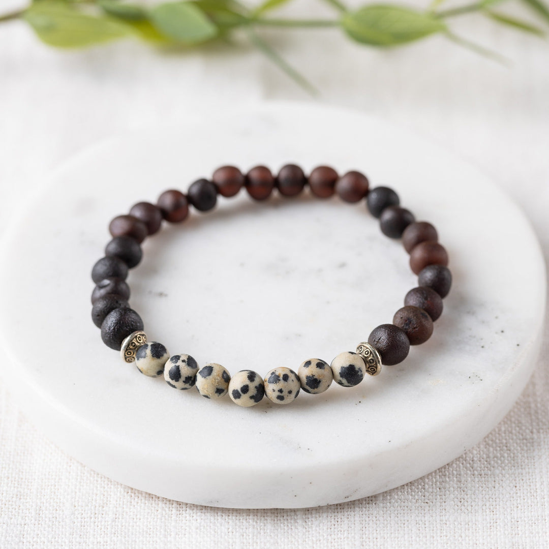 Adults | Dalmatian Jasper + Raw Cherry Amber Bracelet - R.B. Amber Jewelry