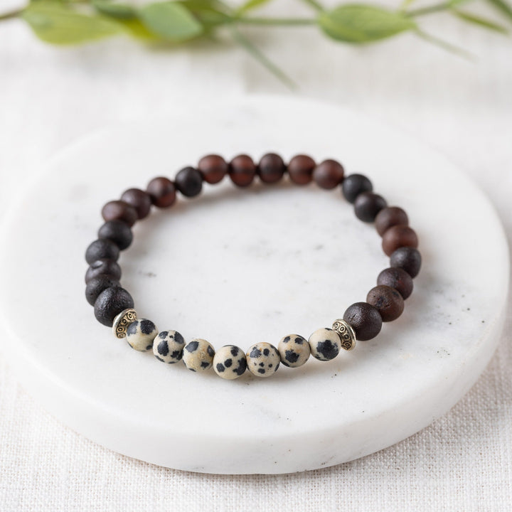 Adults | Dalmatian Jasper + Raw Cherry Amber Bracelet - R.B. Amber Jewelry