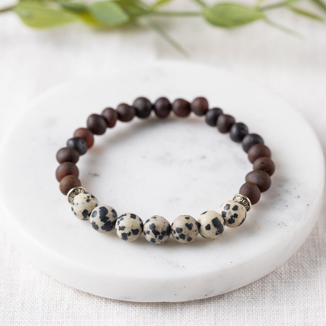 Adults | Dalmatian Jasper + Raw Cherry Amber Bracelet - R.B. Amber Jewelry