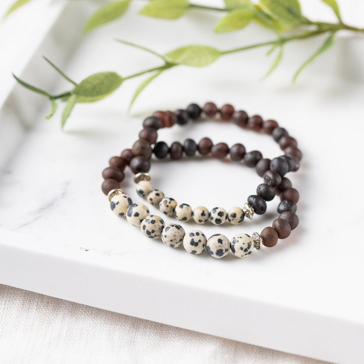 Adults | Dalmatian Jasper + Raw Cherry Amber Bracelet - R.B. Amber Jewelry