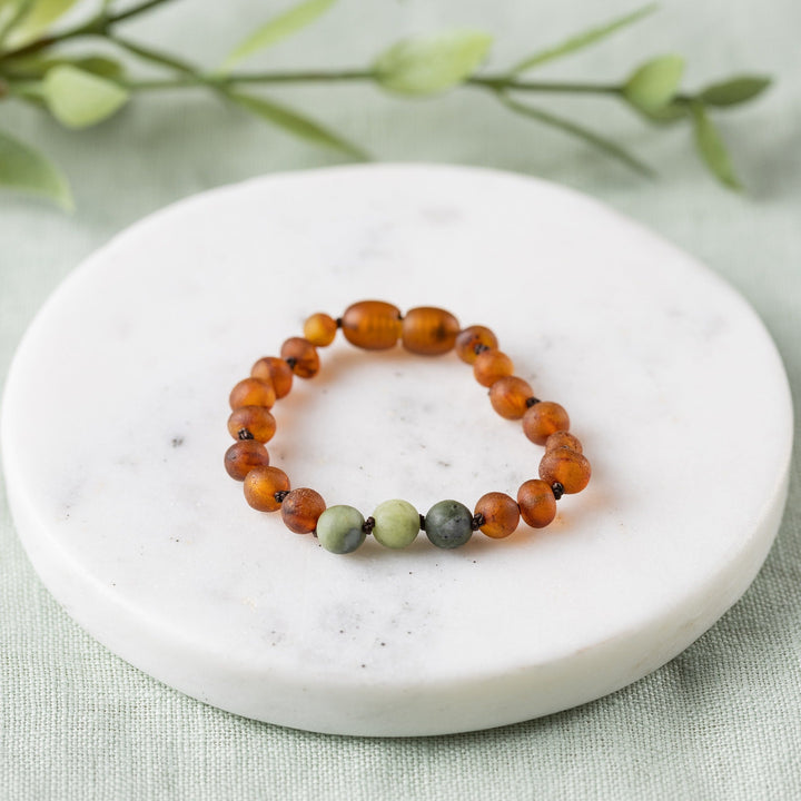 Kids | Green Jade + Raw Cognac Amber Bracelet - R.B. Amber Jewelry