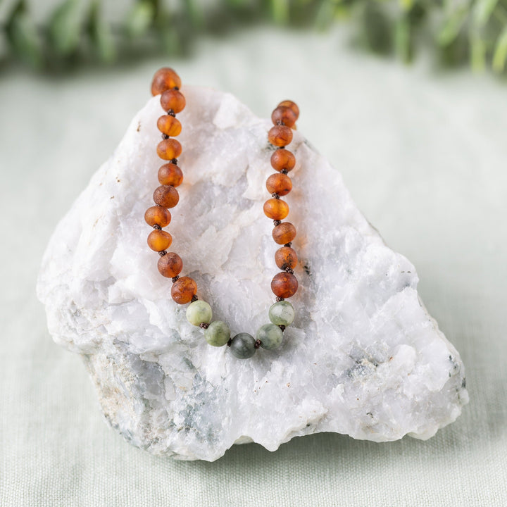 Kids | Green Jade + Raw Cognac Amber Necklace - R.B. Amber Jewelry