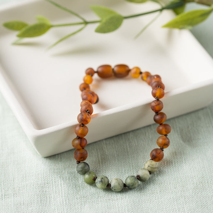 Adults | Green Jade + Raw Cognac Amber Anklet - R.B. Amber Jewelry