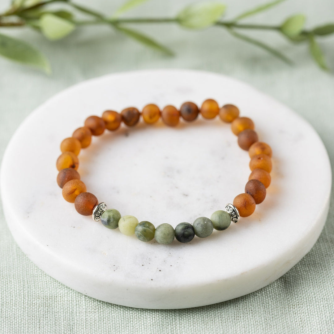 Adults | Green Jade + Raw Cognac Amber Bracelet - R.B. Amber Jewelry