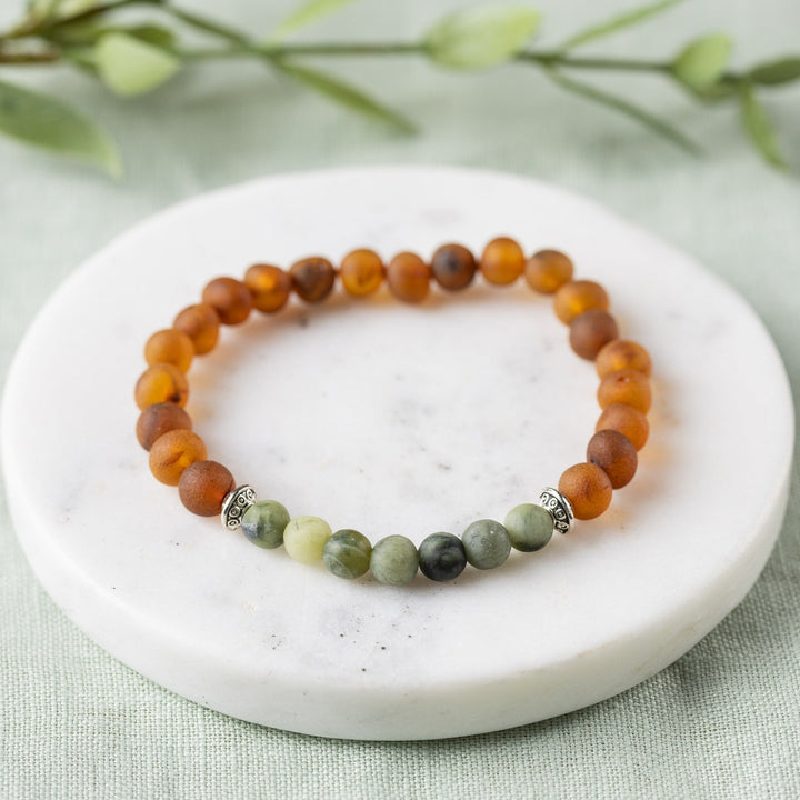 Adults | Green Jade + Raw Cognac Amber Bracelet - R.B. Amber Jewelry