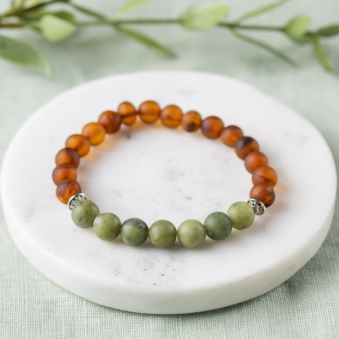 Adults | Green Jade + Raw Cognac Amber Bracelet - R.B. Amber Jewelry