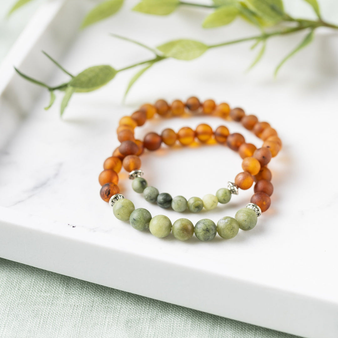Adults | Green Jade + Raw Cognac Amber Bracelet - R.B. Amber Jewelry