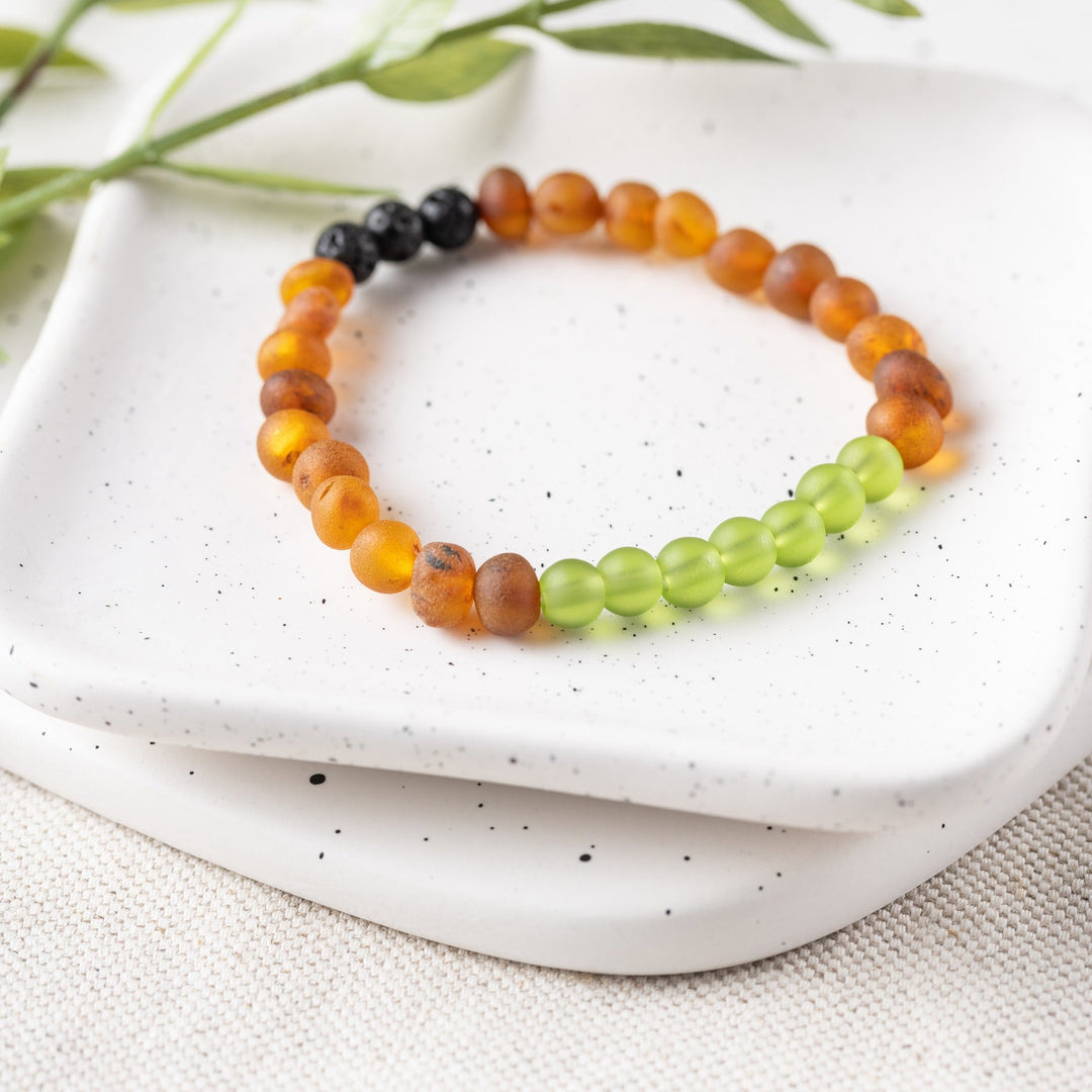 Adults | Green Sea Glass + Raw Cognac Aromatherapy Bracelet - R.B. Amber Jewelry