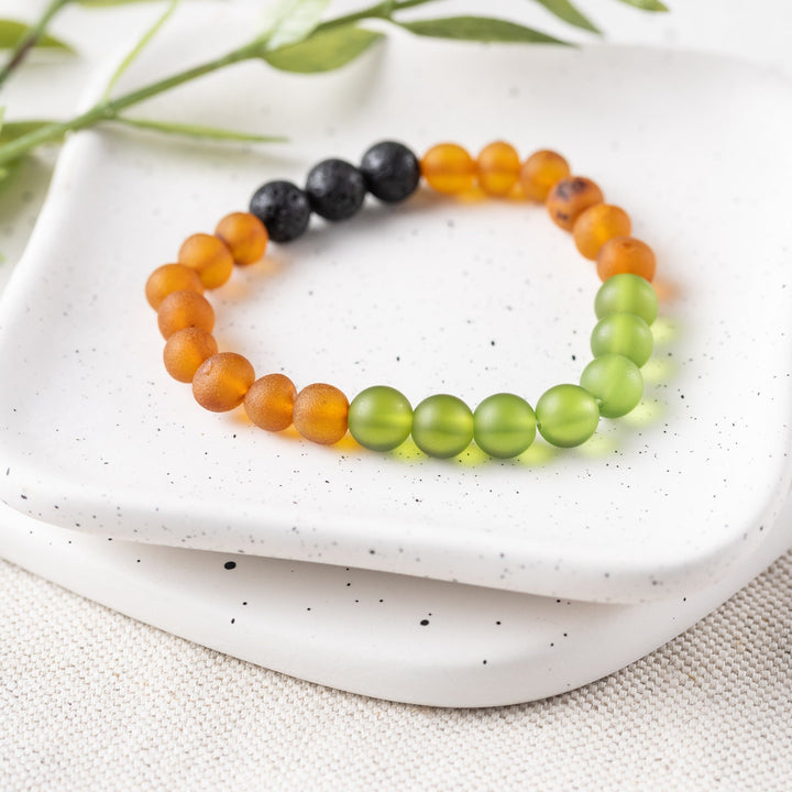 Adults | Green Sea Glass + Raw Cognac Aromatherapy Bracelet - R.B. Amber Jewelry