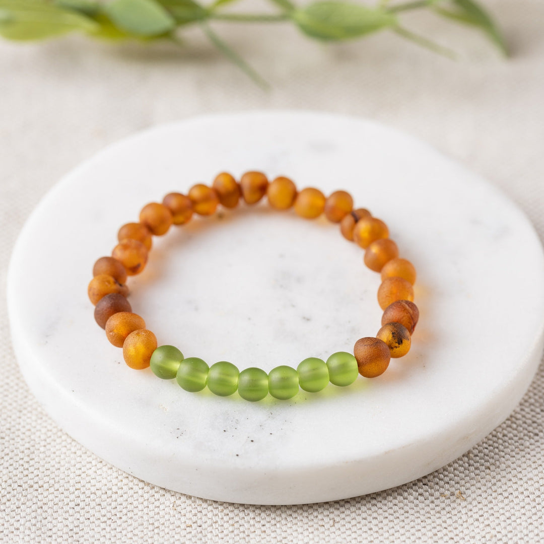 Adults | Green Sea Glass + Raw Cognac Amber Bracelet - R.B. Amber Jewelry
