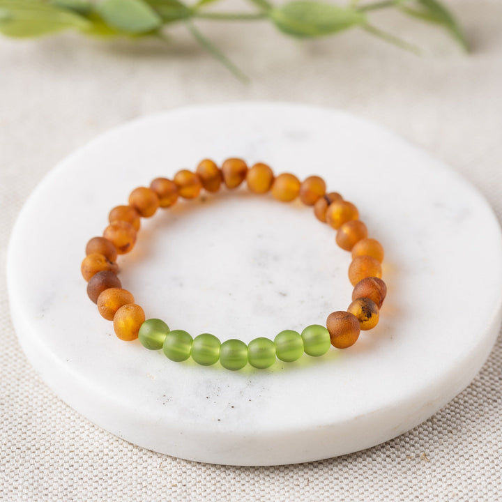 Adults | Green Sea Glass + Raw Cognac Amber Bracelet - R.B. Amber Jewelry
