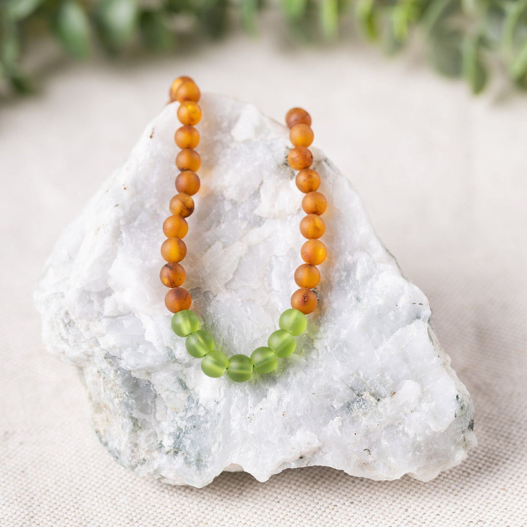 Adults | Green Sea Glass + Raw Cognac Amber Necklace - R.B. Amber Jewelry