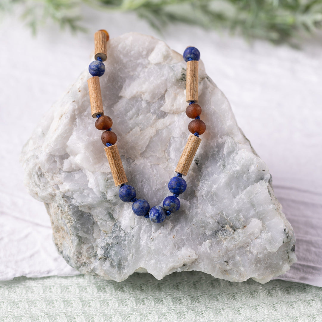 Kids | Lapis Lazuli + Raw Cognac Amber Hazelwood Necklace - R.B. Amber Jewelry