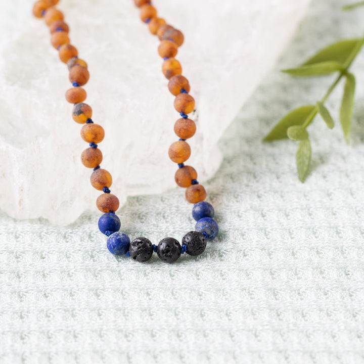 Kids | Lapis Lazuli + Raw Cognac Aromatherapy Necklace - R.B. Amber Jewelry