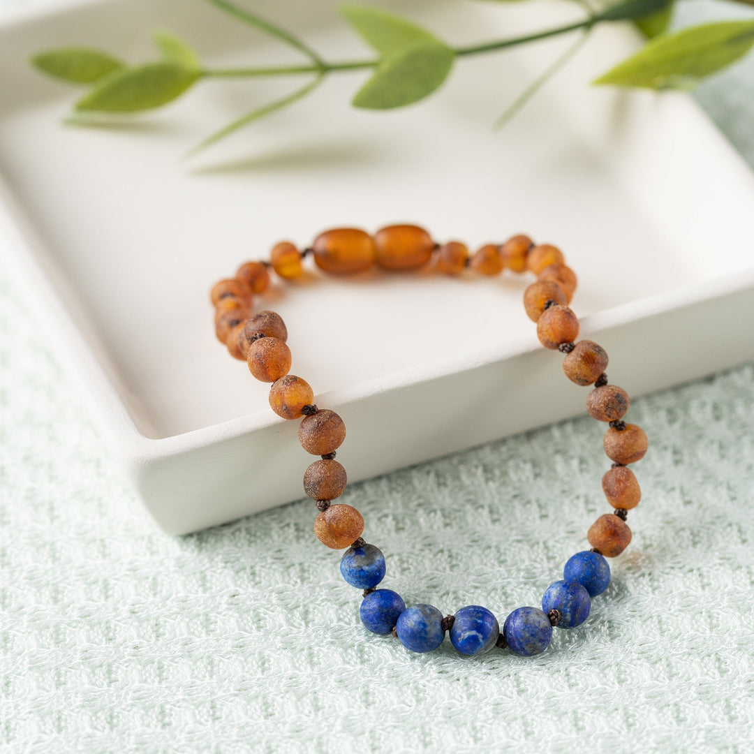 Adults | Lapis Lazuli + Raw Cognac Amber Anklet - R.B. Amber Jewelry