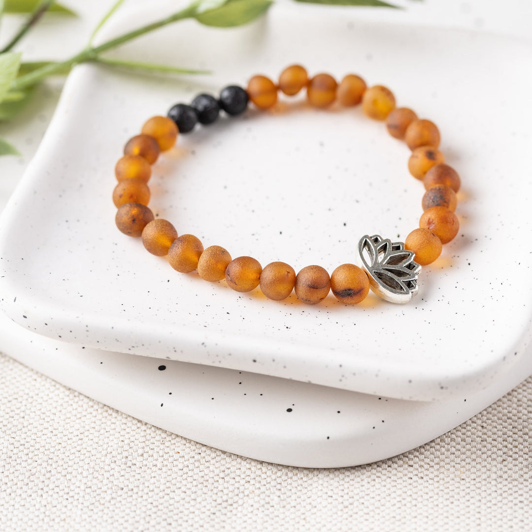Adults | Lotus Flower + Raw Cognac Aromatherapy Bracelet - R.B. Amber Jewelry