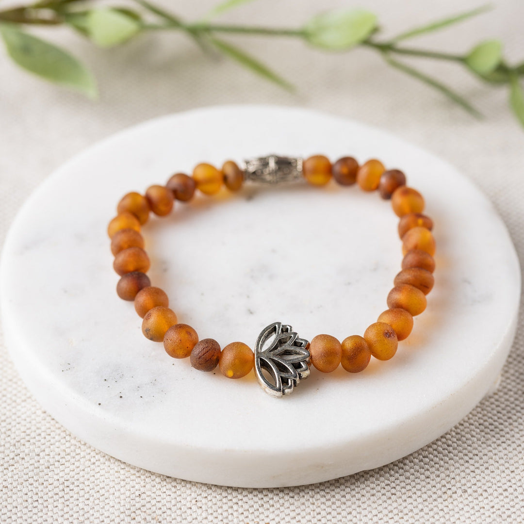 Adults | Lotus Flower + Raw Cognac Amber Bracelet - R.B. Amber Jewelry
