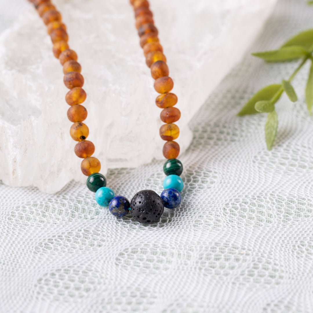 Adults | Malachite Mix + Raw Cognac Aromatherapy Necklace - R.B. Amber Jewelry