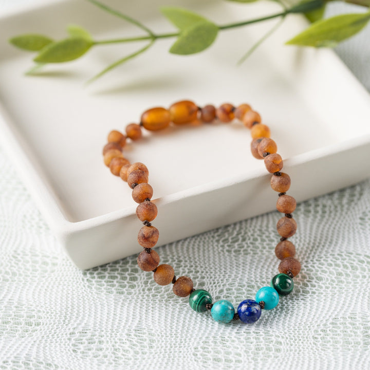 Adults | Malachite Mix + Raw Cognac Amber Anklet - R.B. Amber Jewelry