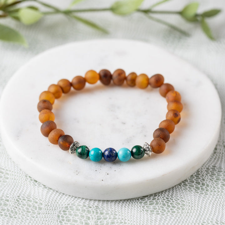 Adults | Malachite Mix + Raw Cognac Amber Bracelet - R.B. Amber Jewelry
