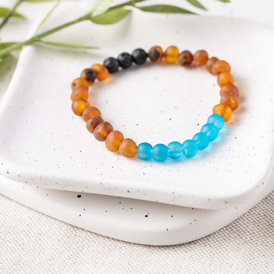 Adults | Marine Blue Sea Glass + Raw Cognac Aromatherapy Bracelet - R.B. Amber Jewelry