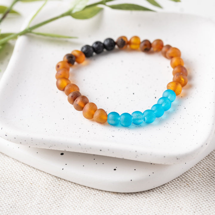 Adults | Marine Blue Sea Glass + Raw Cognac Aromatherapy Bracelet - R.B. Amber Jewelry